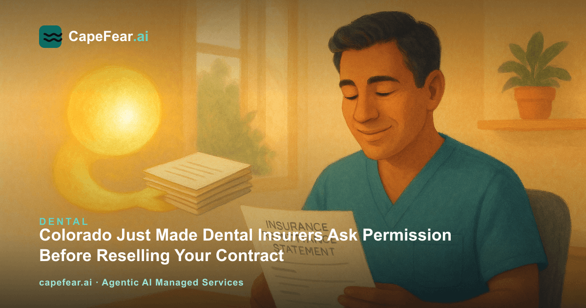 A dental practice owner reviewing insurance paperwork beside a soft glowing AI orb