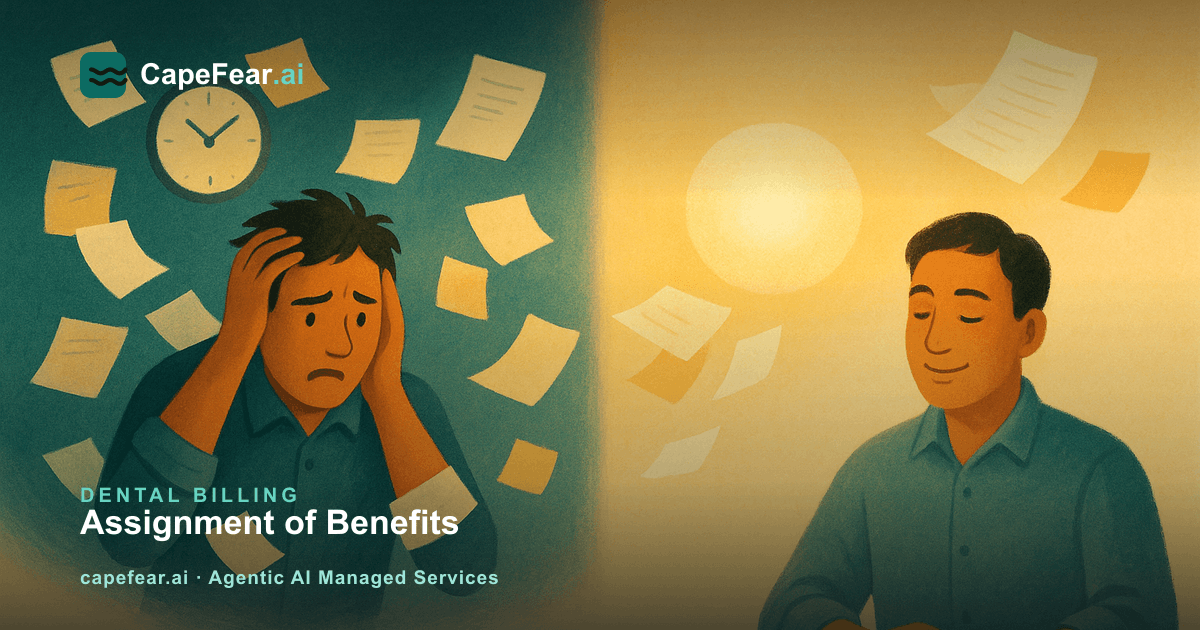 Flow diagram showing a dental claim moving through an assignment of benefits check to direct insurer payment
