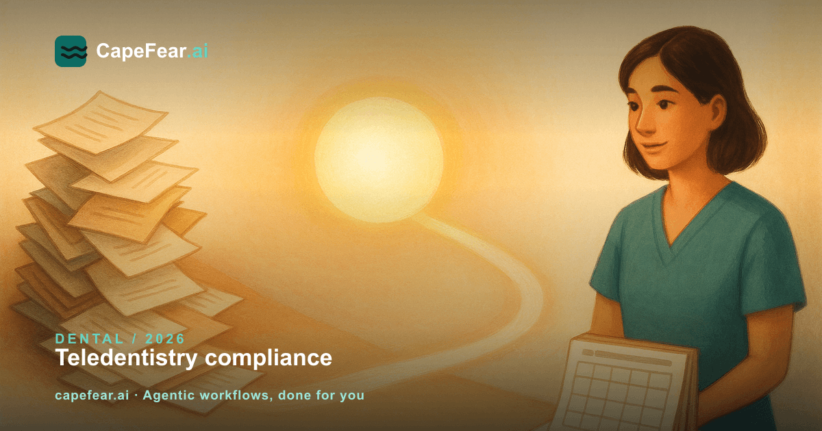 Flow diagram showing a dental practice's teledentistry compliance steps from new law to signed-off consent tracking