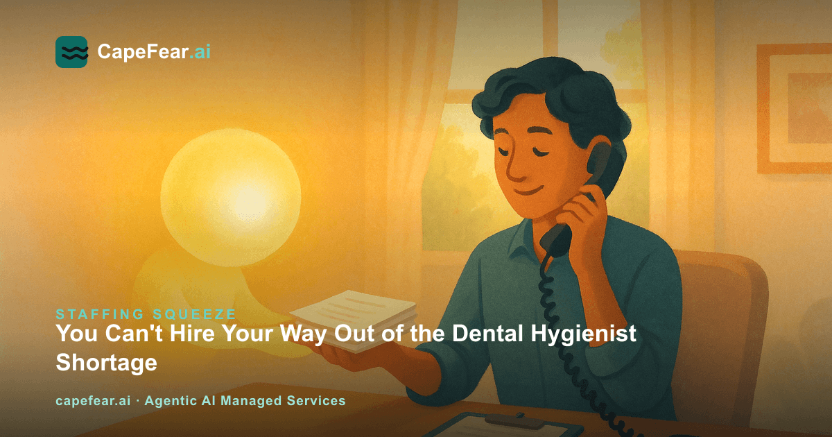 A calm dental office worker handling patient paperwork alongside a warm glowing AI helper
