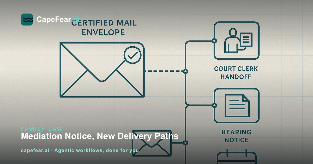 A certified mail envelope splitting into a court clerk handoff icon, an email icon, and a hearing notice icon, all converging on a calendar checkmark