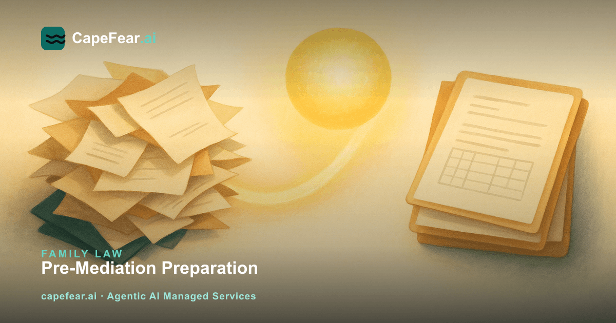 A workflow diagram showing the pre-mediation document preparation process for a custody case, from intake to a prepared client