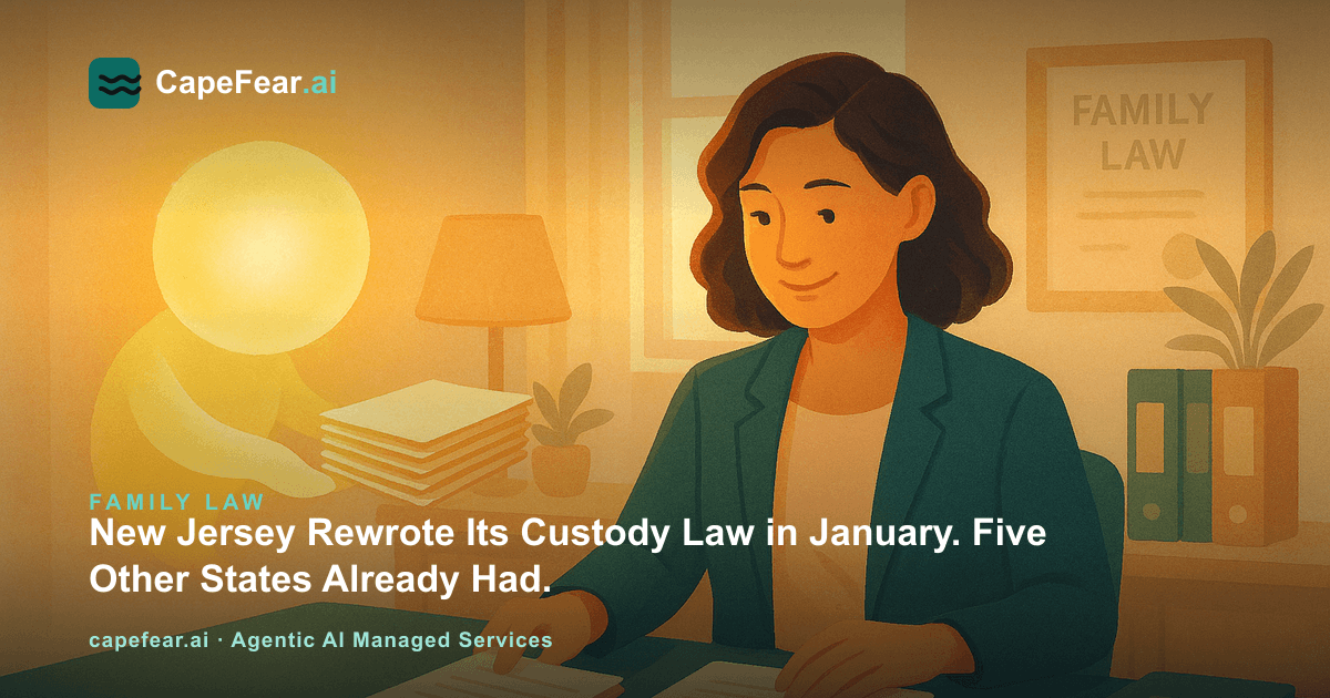 A family law attorney reviewing a custody case file alongside a glowing AI assistant that has organized the documents into order