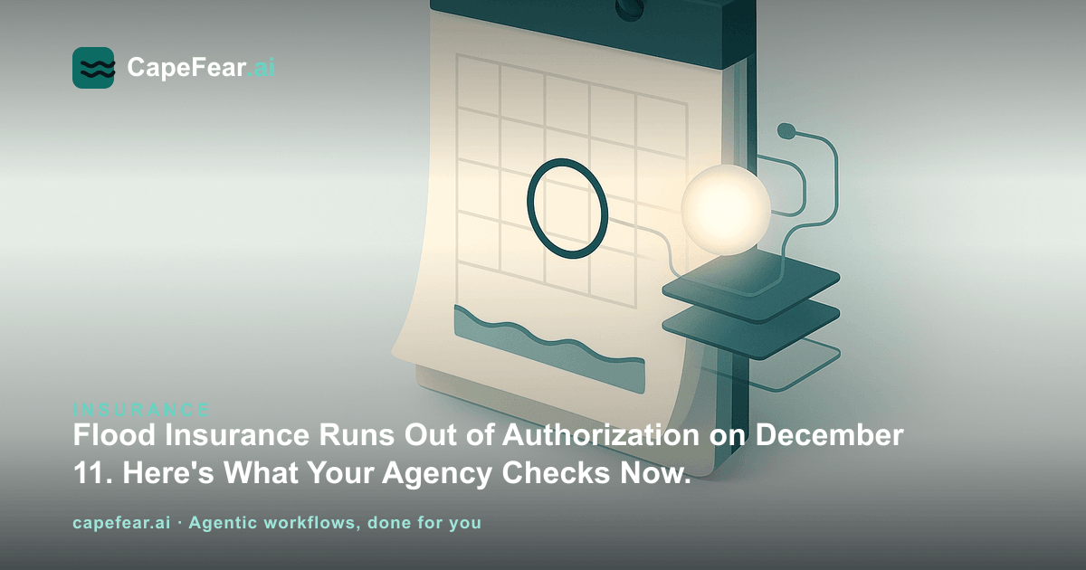 Illustration of a calendar with a flood insurance deadline circled and a soft glowing AI orb flagging the date