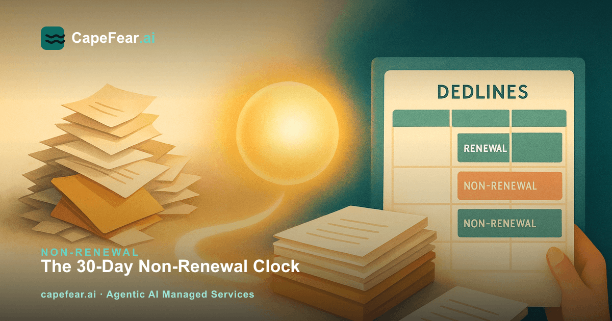 Illustration of an insurance agency workflow for non-renewal notices: notice logged, deadline tracked, markets checked, residual market referral, decision documented