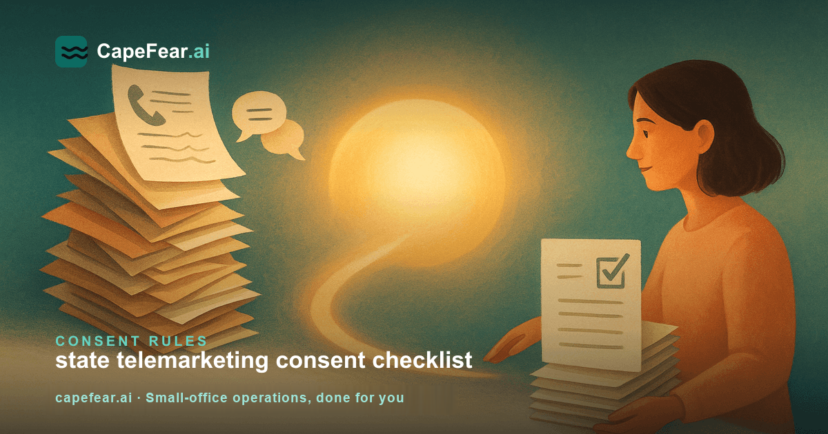 A messy stack of call logs and texts flowing through a glowing orb into one organized, checked consent record