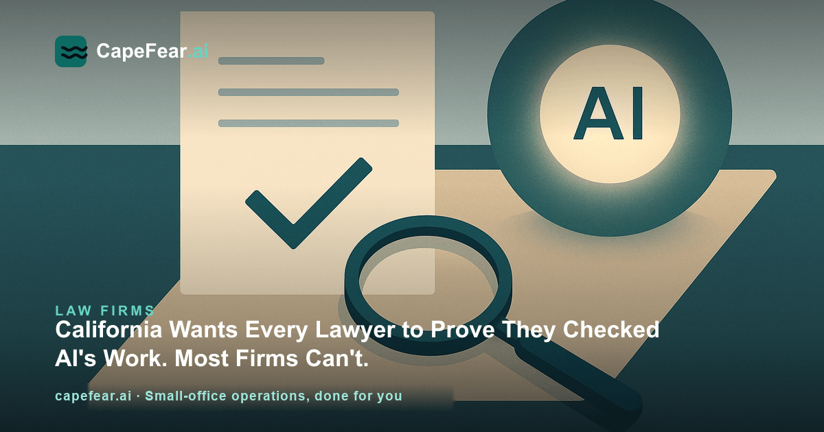 Illustration of a lawyer reviewing an AI-drafted document with a magnifying glass, a soft glowing orb representing AI beside the desk