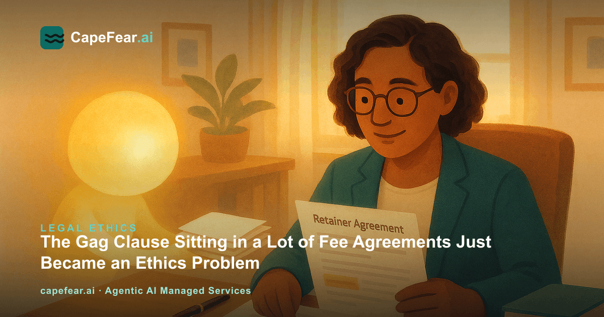 Illustration of an attorney reviewing a fee agreement with a warm AI orb highlighting a clause for review