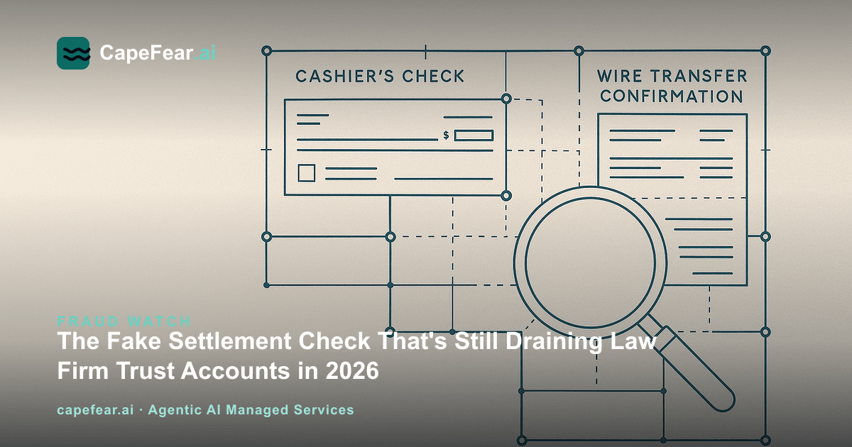 Illustration representing a law firm reviewing a settlement check and wire instructions for fraud before disbursing trust account funds