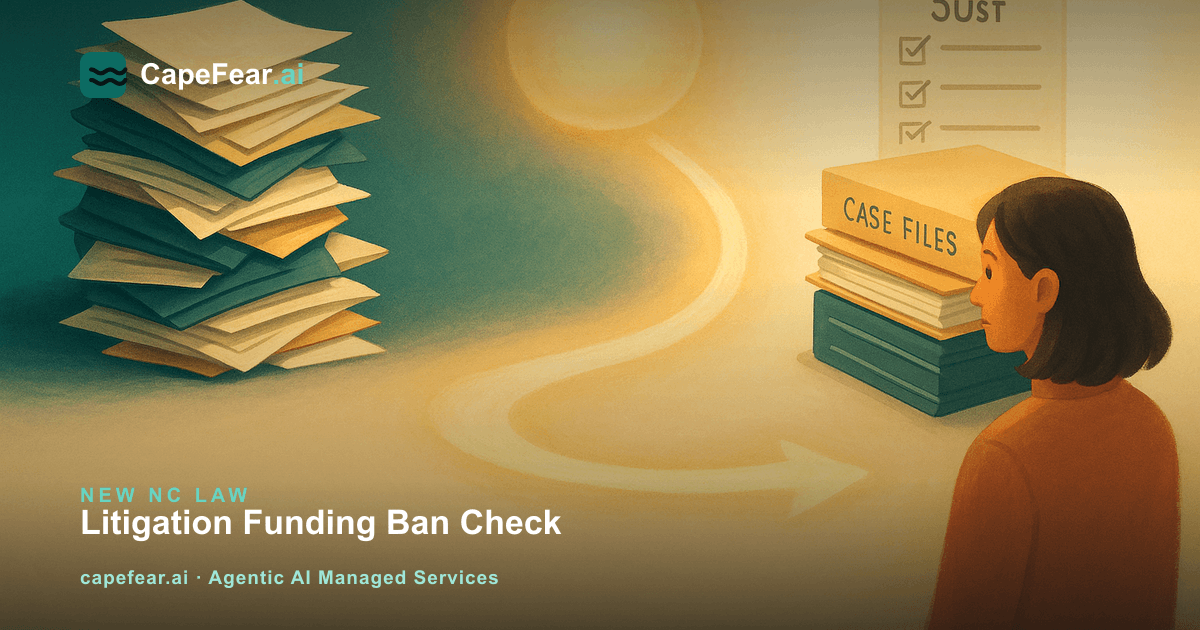 Illustration of case files flowing through an AI review step that flags litigation funding agreements for attorney review
