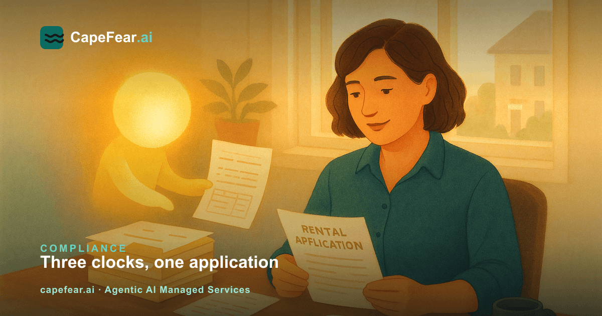 A property manager reviewing a rental application beside an AI orb that has organized screening report deadlines