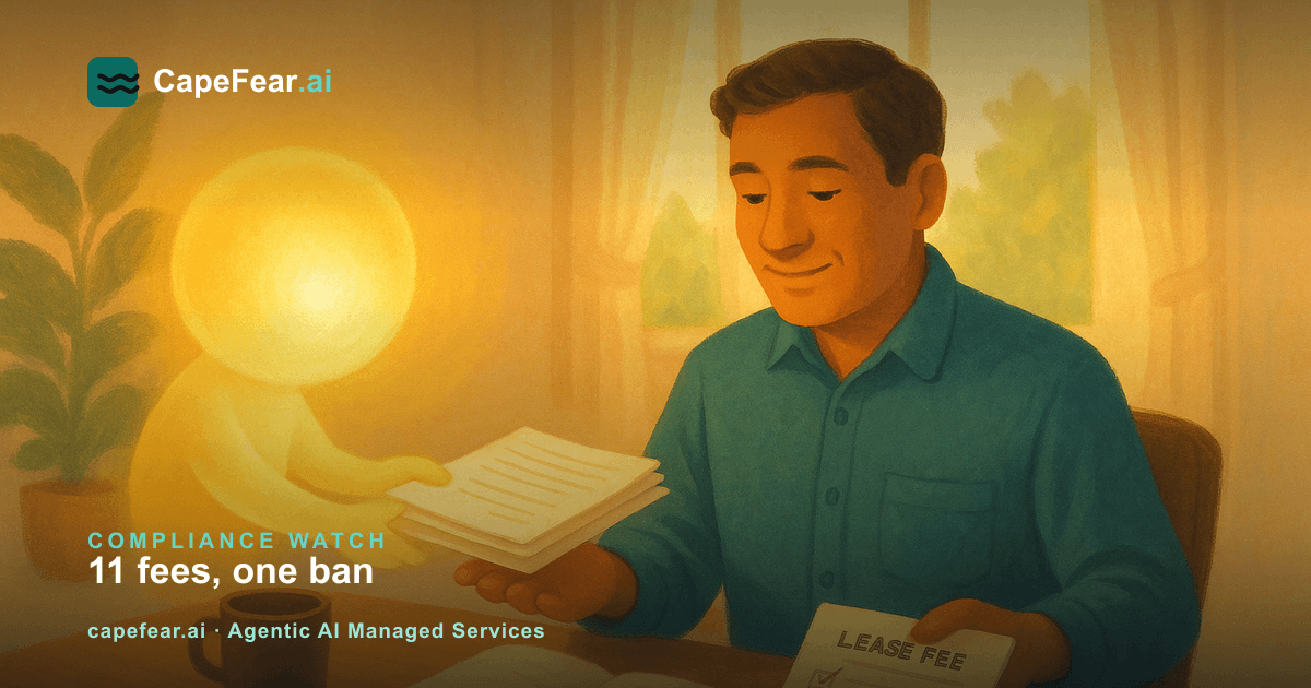 A property manager reviewing a lease fee checklist next to a glowing AI orb, illustrating a compliance review