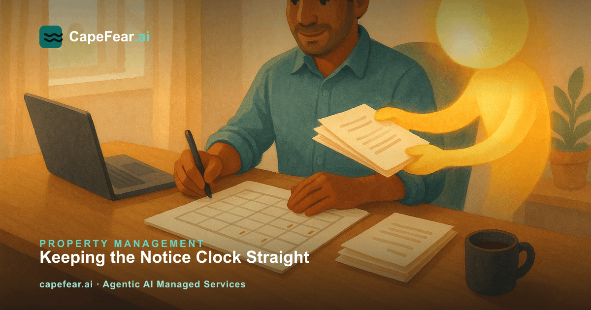 A property manager reviewing rent increase notice deadlines with an AI assistant organizing renewal paperwork