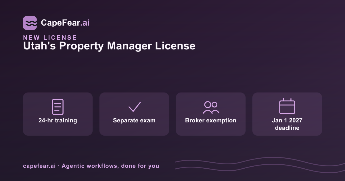 Four tiles showing Utah's new property manager license requirements: 24-hour training, a separate exam, a broker exemption, and the January 1, 2027 deadline