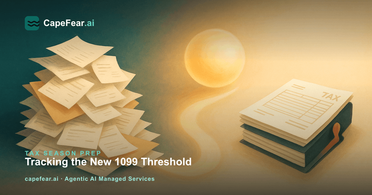 A messy stack of invoices flowing through a glowing AI orb into neat, organized 1099 forms