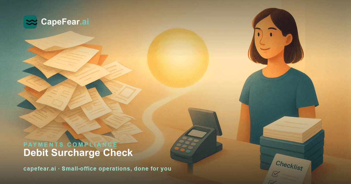 Illustration of a small business checkout and payment statements resolving into a clear compliance checklist for card surcharges