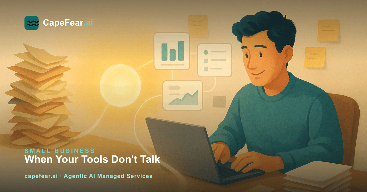 An AI agent automatically syncing data between scheduling, billing, and CRM tools for a small service business owner