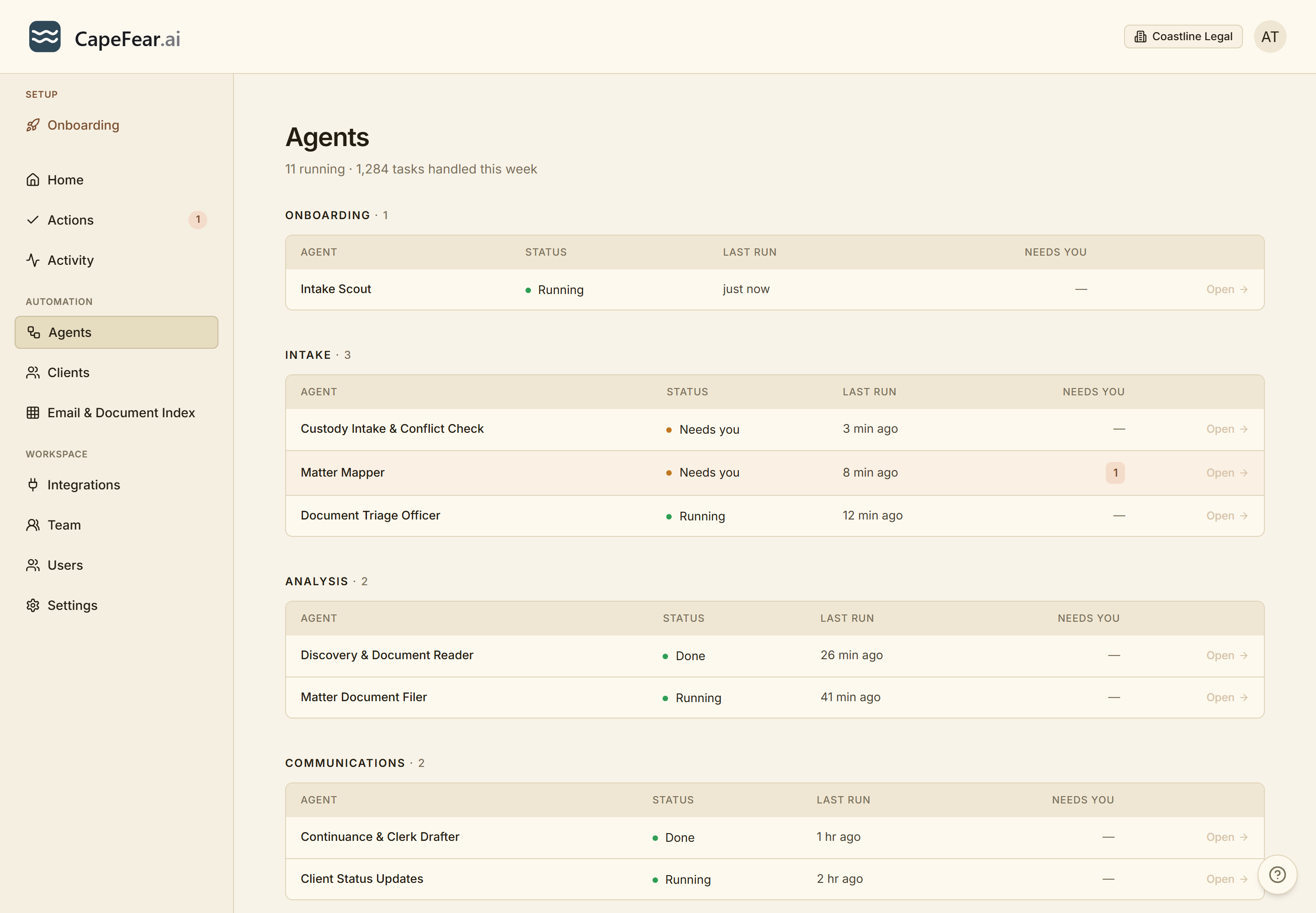 The CapeFear.ai portal — your AI agents, monitored in one place