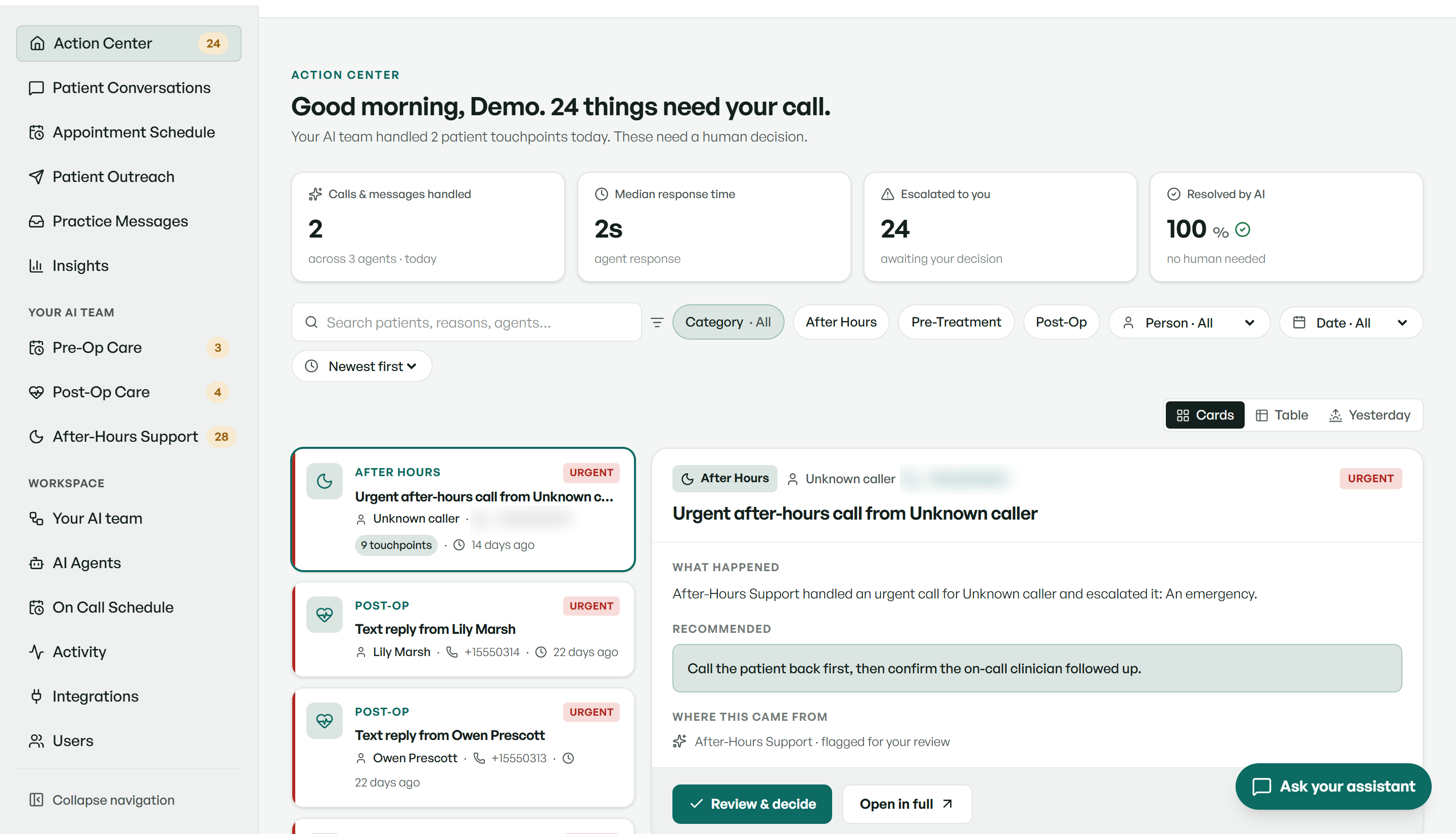 The portal's Action Center: calls handled overnight and the decisions waiting on a person